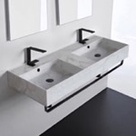 Scarabeo 5143-F-TB-BLK Marble Design Ceramic Wall Mounted Double Sink With Matte Black Towel Holder